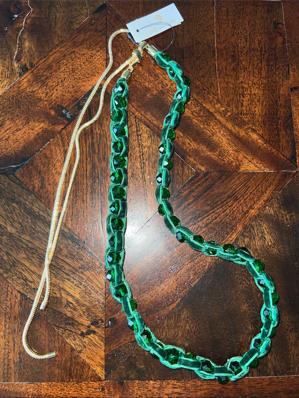 Chico’s Adjustable Green Velvet Crystal Woven Chain Necklace